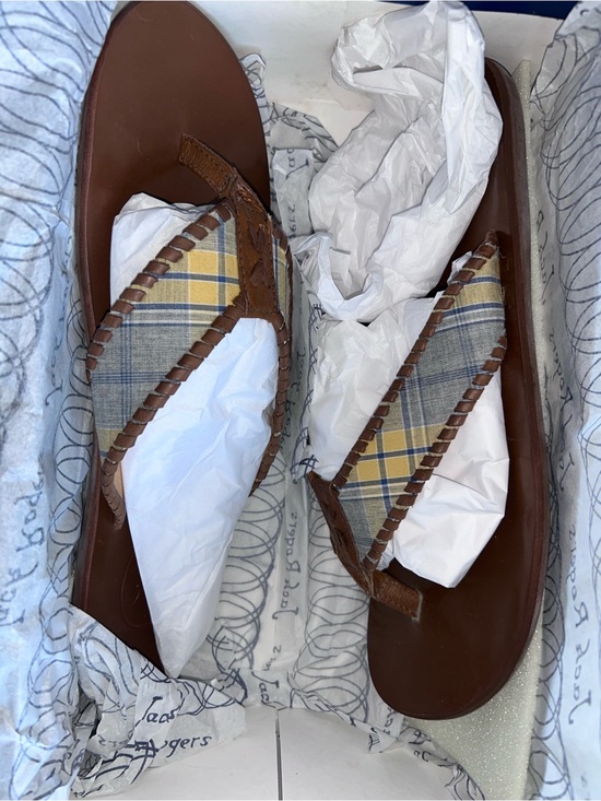 Jack Rogers Brown Leather Flip Flops with Yellow & Blue Plaid Straps main image 7